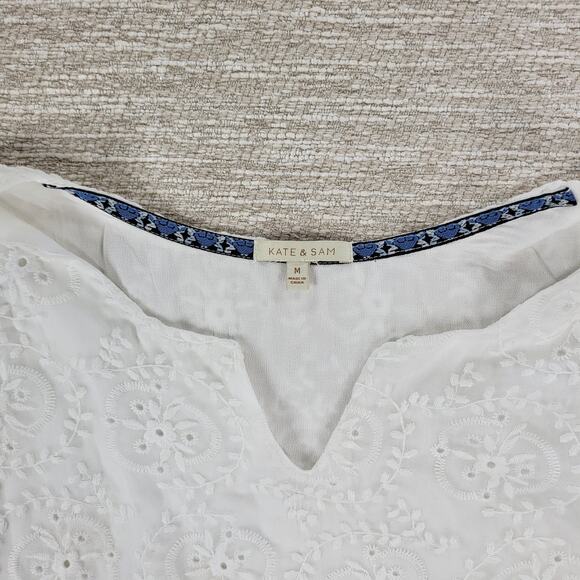 Kate & Sam Eyelet Lace Dress Womens Medium White Embroidered Lined Boho Cottage - Picture 2 of 15